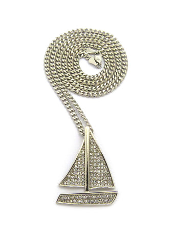 Nyfashion101 Stone Stud Sailboat Pendant W/3mm 24" Cuban Chain Necklace