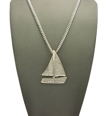 Nyfashion101 Stone Stud Sailboat Pendant W/3mm 24" Cuban Chain Necklace