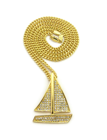 nyfashion101 Stone Stud Sailboat Pendant w/3mm 24" Cuban Chain Necklace