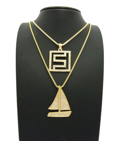 Nyfashion101 Stone Stud Sailboat & Stone Stud Maze Pendant Set W/ Box Chain Necklaces Gold-Tone