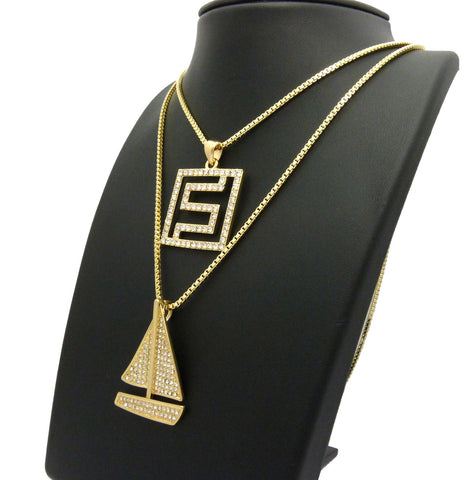 Nyfashion101 Stone Stud Sailboat & Stone Stud Maze Pendant Set W/ Box Chain Necklaces Gold-Tone
