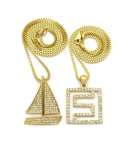 nyfashion101 Stone Stud Sailboat & Stone Stud Maze Pendant Set w/ Box Chain Necklaces Gold-Tone