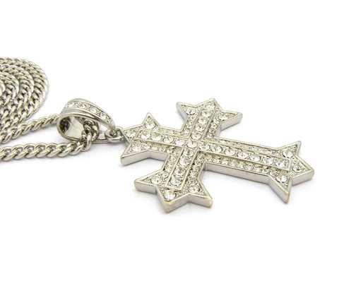 Nyfashion101 Stone Stud Simple Cross On Heraldic Cross Pendant W/6mm 36" Cuban Chain Necklace Silver-Tone