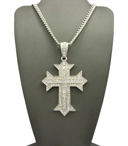 Nyfashion101 Stone Stud Simple Cross On Heraldic Cross Pendant W/6mm 36" Cuban Chain Necklace Silver-Tone