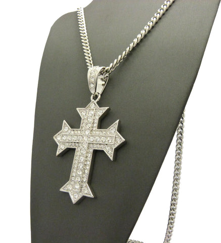 Nyfashion101 Stone Stud Simple Cross On Heraldic Cross Pendant W/6mm 36" Cuban Chain Necklace Silver-Tone