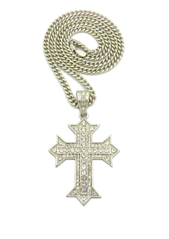 nyfashion101 Stone Stud Simple Cross on Heraldic Cross Pendant w/6mm 36" Cuban Chain Necklace Silver-Tone