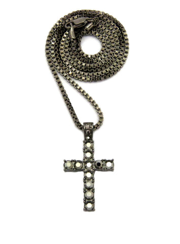 nyfashion101 Stone Stud Single Row Cross Pendant w/2mm 24" Box Chain Hematite-Tone