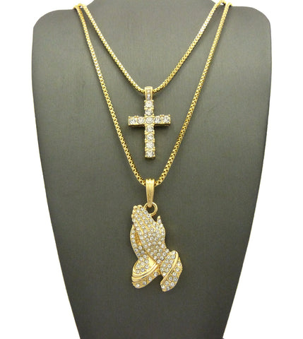 Nyfashion101 Stone Stud Single Row Cross & Stone Stud Praying Hands Pendant Set W/ 2mm Box Chains In Gold-Tone
