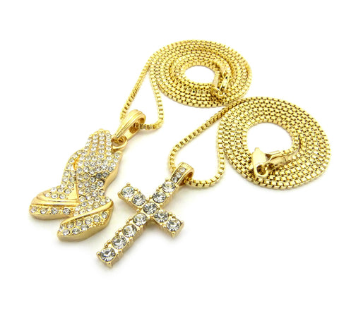 Nyfashion101 Stone Stud Single Row Cross & Stone Stud Praying Hands Pendant Set W/ 2mm Box Chains In Gold-Tone