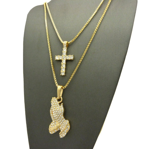 Nyfashion101 Stone Stud Single Row Cross & Stone Stud Praying Hands Pendant Set W/ 2mm Box Chains In Gold-Tone