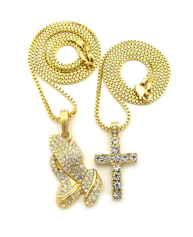 nyfashion101 Stone Stud Single Row Cross & Stone Stud Praying Hands Pendant Set w/ 2mm Box Chains in Gold-Tone