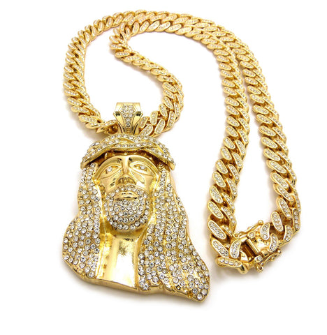 Nyfashion101 Stone Stud Thick Hair Jesus Head Pendant With 12mm 30" Iced Out Cuban Chain Necklace In Gold-Tone