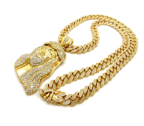 Nyfashion101 Stone Stud Thick Hair Jesus Head Pendant With 12mm 30" Iced Out Cuban Chain Necklace In Gold-Tone