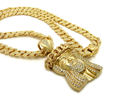 Nyfashion101 Stone Stud Thick Hair Jesus Head Pendant With 12mm 30" Iced Out Cuban Chain Necklace In Gold-Tone