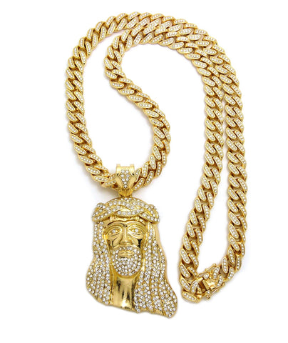 nyfashion101 Stone Stud Thick Hair Jesus Head Pendant with 12mm 30" Iced Out Cuban Chain Necklace in Gold-Tone