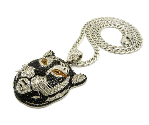Nyfashion101 Stone Stud Tiger Face Pendant With 6mm 30" Cuban Chain Necklace Silver-Tone/Black Accent