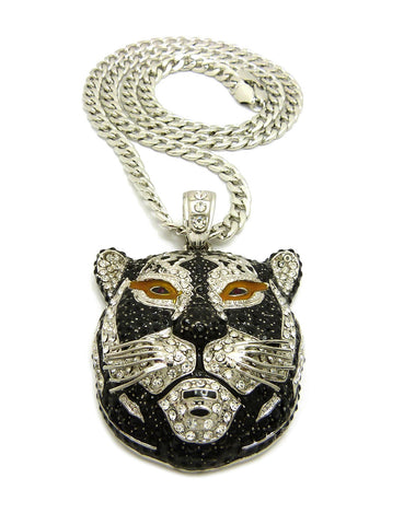 Nyfashion101 Stone Stud Tiger Face Pendant With 6mm 30" Cuban Chain Necklace Silver-Tone/Black Accent