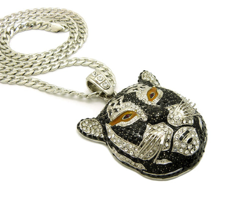 Nyfashion101 Stone Stud Tiger Face Pendant With 6mm 30" Cuban Chain Necklace Silver-Tone/Black Accent