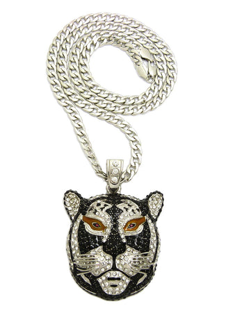 nyfashion101 Stone Stud Tiger Face Pendant with 6mm 30" Cuban Chain Necklace Silver-Tone/Black Accent