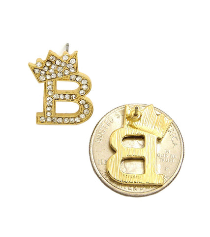 Nyfashion101 Stone Stud Tilted Crown Initial Pierced Earrings B/Gold-Tone