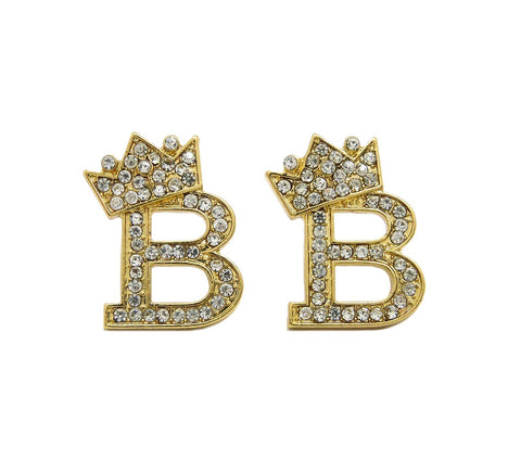 nyfashion101 Stone Stud Tilted Crown Initial Pierced Earrings B/Gold-Tone