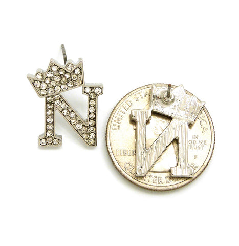 Nyfashion101 Stone Stud Tilted Crown Initial Pierced Earrings N/Silver-Tone