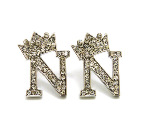 Nyfashion101 Stone Stud Tilted Crown Initial Pierced Earrings N/Silver-Tone