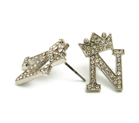 nyfashion101 Stone Stud Tilted Crown Initial Pierced Earrings N/Silver-Tone