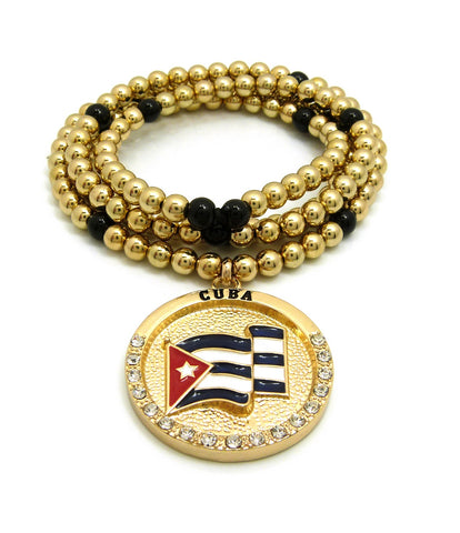 Nyfashion101 Stone Stud Waving Flag Medal Pendant With 6mm 30" CCB Bead Necklace In Gold-Tone Cuba