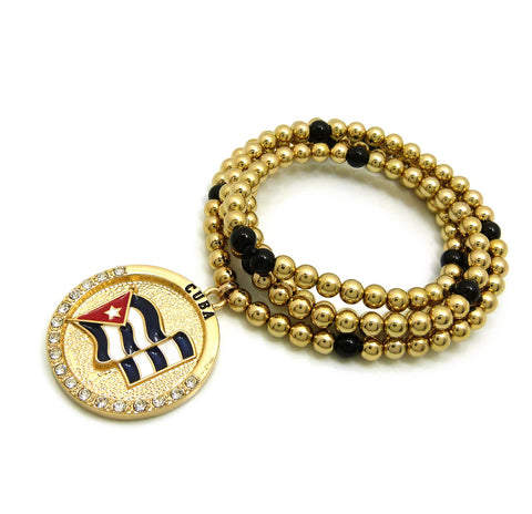 Nyfashion101 Stone Stud Waving Flag Medal Pendant With 6mm 30" CCB Bead Necklace In Gold-Tone Cuba