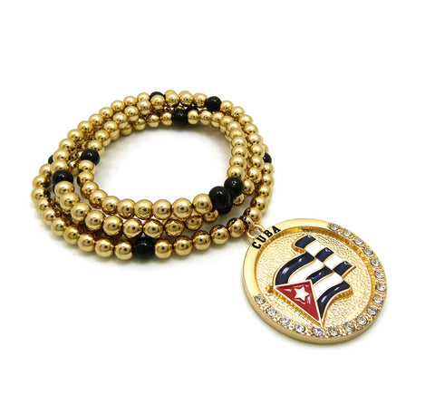 Nyfashion101 Stone Stud Waving Flag Medal Pendant With 6mm 30" CCB Bead Necklace In Gold-Tone Cuba