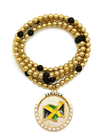 Nyfashion101 Stone Stud Waving Flag Medal Pendant With 6mm 30" CCB Bead Necklace In Gold-Tone