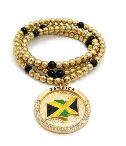 Nyfashion101 Stone Stud Waving Flag Medal Pendant With 6mm 30" CCB Bead Necklace In Gold-Tone