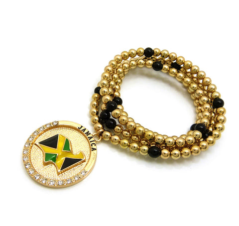 Nyfashion101 Stone Stud Waving Flag Medal Pendant With 6mm 30" CCB Bead Necklace In Gold-Tone