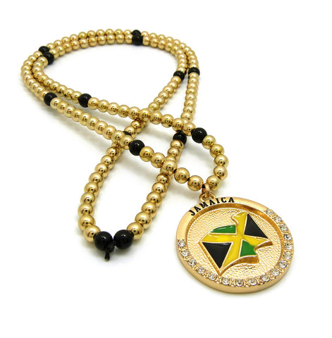 nyfashion101 Stone Stud Waving Flag Medal Pendant with 6mm 30" CCB Bead Necklace in Gold-Tone