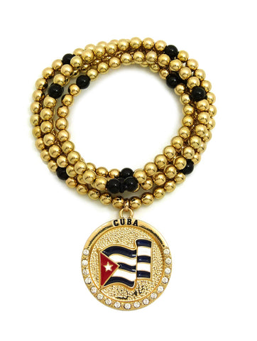 nyfashion101 Stone Stud Waving Flag Medal Pendant with 6mm 30" CCB Bead Necklace in Gold-Tone Cuba