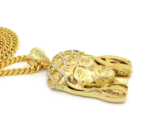 Nyfashion101 Stone Stud Woven Crown Of Thorns Jesus Head Pendant W/6mm 30" Box Cuban Chain Necklace Gold-Tone