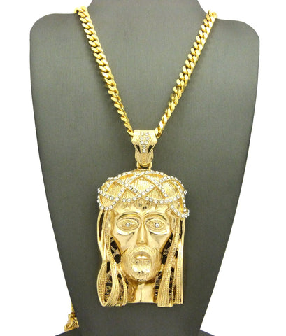 Nyfashion101 Stone Stud Woven Crown Of Thorns Jesus Head Pendant W/6mm 30" Box Cuban Chain Necklace Gold-Tone