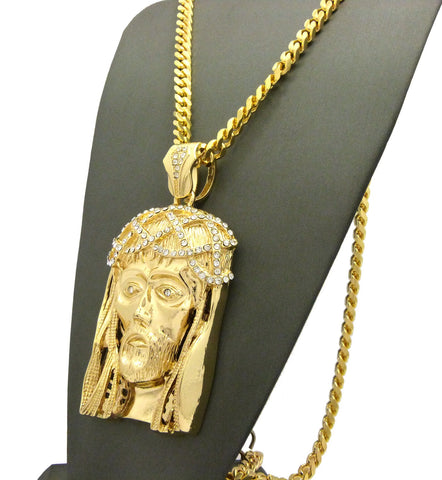 Nyfashion101 Stone Stud Woven Crown Of Thorns Jesus Head Pendant W/6mm 30" Box Cuban Chain Necklace Gold-Tone