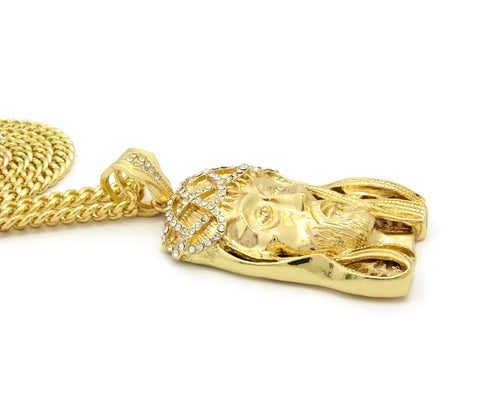 Nyfashion101 Stone Stud Woven Crown Of Thorns Jesus Head Pendant W/6mm 30" Cuban Chain Necklace Gold-Tone