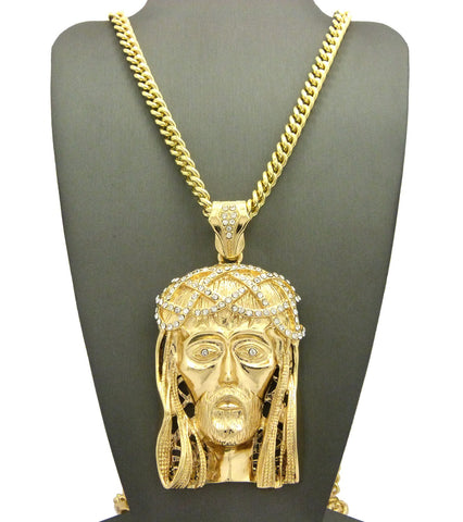 Nyfashion101 Stone Stud Woven Crown Of Thorns Jesus Head Pendant W/6mm 30" Cuban Chain Necklace Gold-Tone
