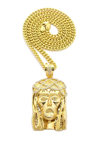 nyfashion101 Stone Stud Woven Crown of Thorns Jesus Head Pendant w/6mm 30" Cuban Chain Necklace Gold-Tone