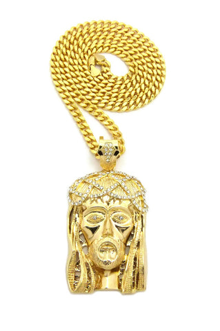 nyfashion101 Stone Stud Woven Crown of Thorns Jesus Head Pendant w/6mm 30" Box Cuban Chain Necklace Gold-Tone