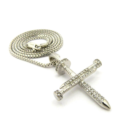 Nyfashion101 Studded Allover 3 Cross Nail Pendant W/ 2mm 24" Box Chain Necklace In Silver-Tone