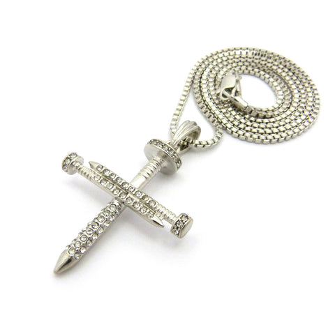 Nyfashion101 Studded Allover 3 Cross Nail Pendant W/ 2mm 24" Box Chain Necklace In Silver-Tone