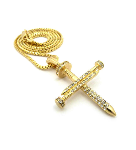 Nyfashion101 Studded Allover 3 Cross Nail Pendant W/ 2mm 24" Box Chain Necklace In Gold-Tone