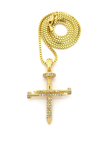 Nyfashion101 Studded Allover 3 Cross Nail Pendant W/ 2mm 24" Box Chain Necklace In Gold-Tone