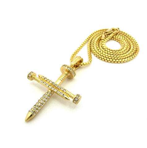 Nyfashion101 Studded Allover 3 Cross Nail Pendant W/ 2mm 24" Box Chain Necklace In Gold-Tone