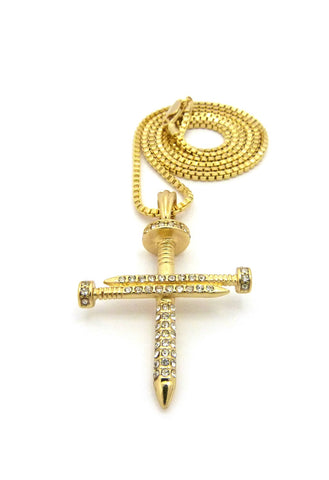 nyfashion101 Studded Allover 3 Cross Nail Pendant w/ 2mm 24" Box Chain Necklace in Gold-Tone