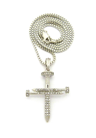 nyfashion101 Studded Allover 3 Cross Nail Pendant w/ 2mm 24" Box Chain Necklace in Silver-Tone